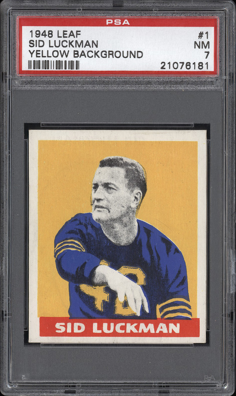  1948 Leaf #1 Sid Luckman (HOF RC - Yellow Background) - PSA NM 7